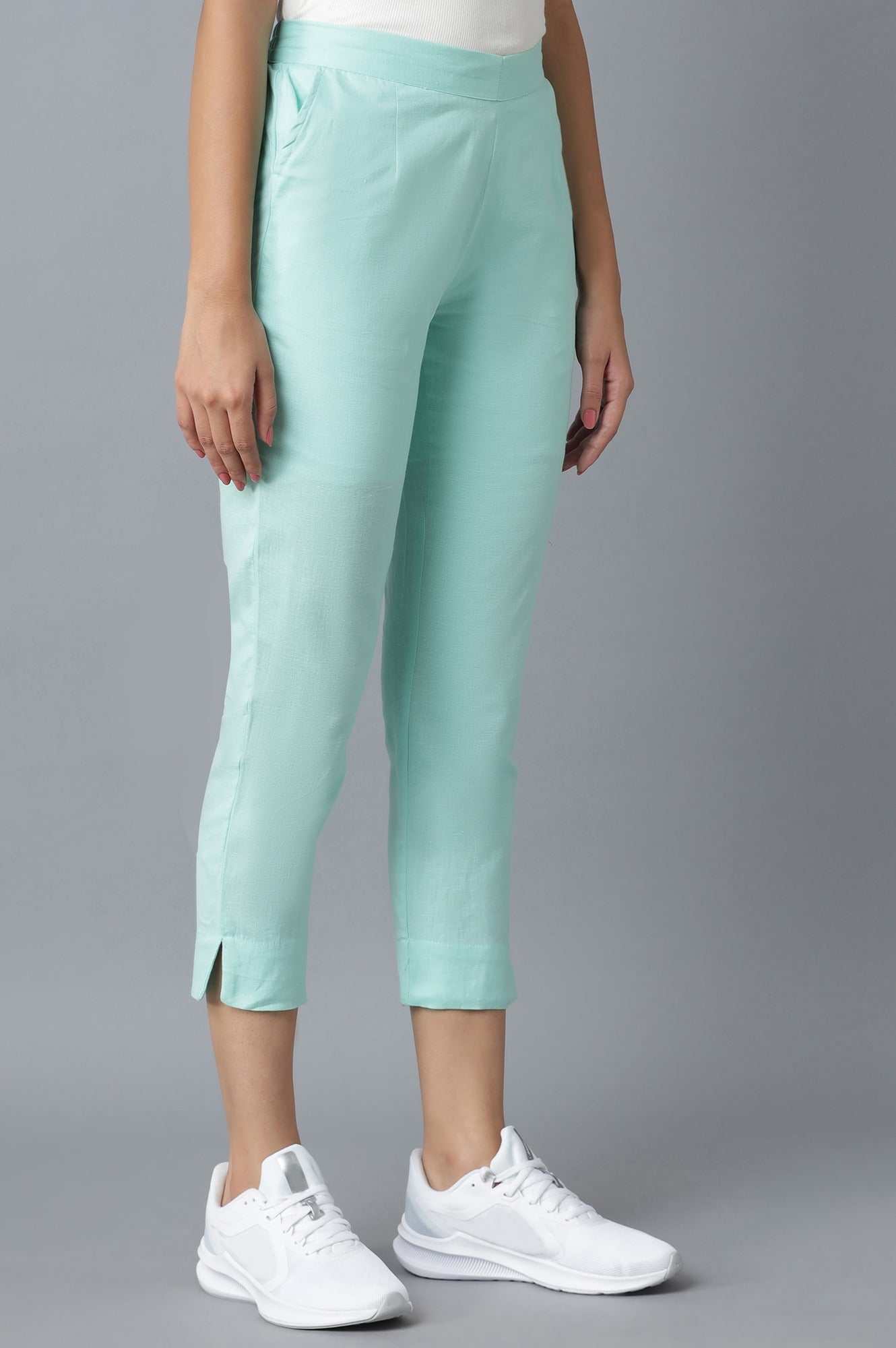 Light Blue Solid Straight Fit Cotton Trousers With Elasticated Waistband