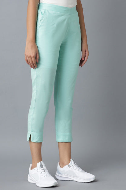 Light Blue Solid Straight Fit Cotton Trousers With Elasticated Waistband