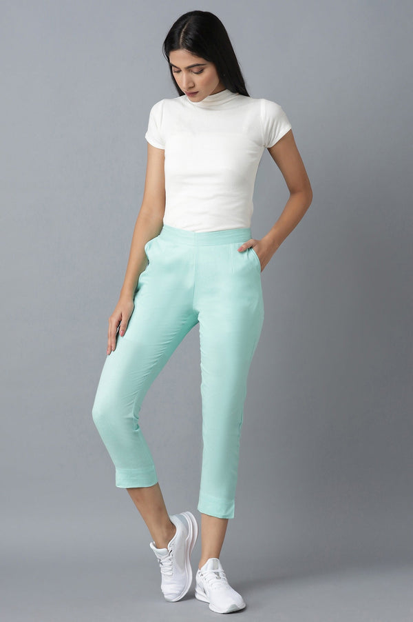 Elleven Women's Light Blue Solid Straight Fit Cotton Trousers With Elasticated Waistband
