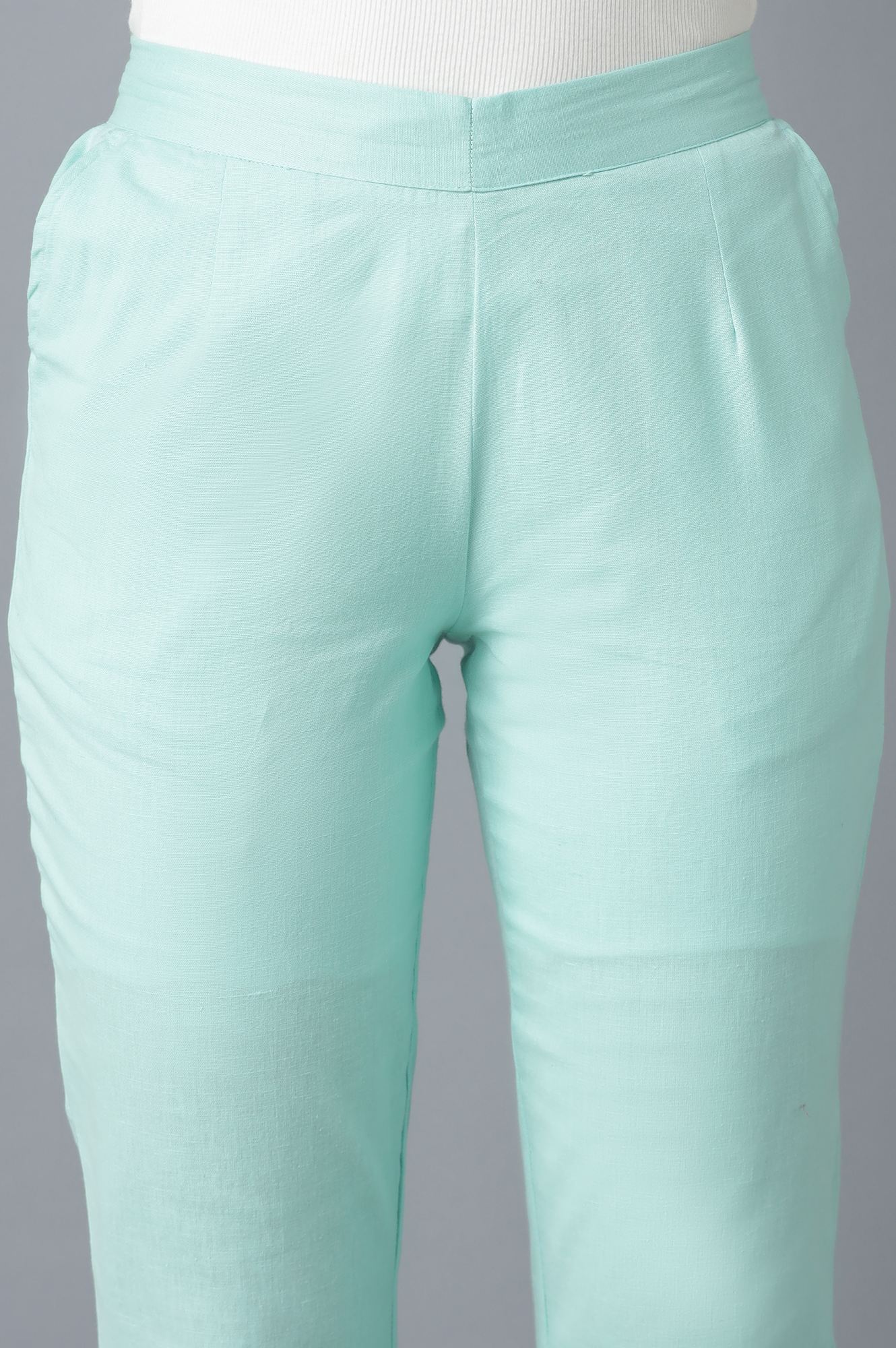 Light Blue Solid Straight Fit Cotton Trousers With Elasticated Waistband