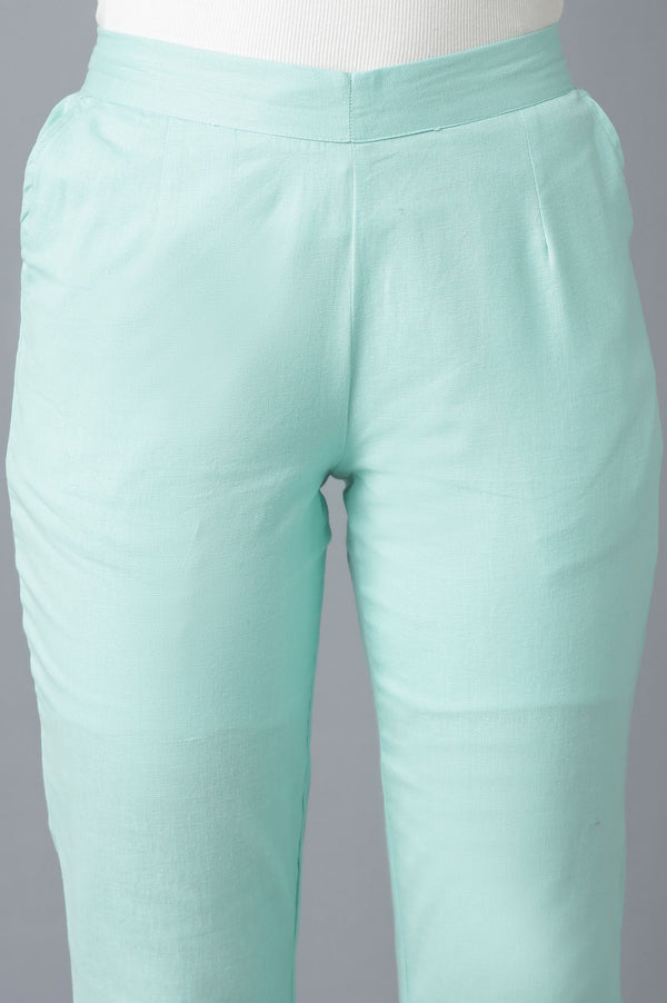 Elleven Women's Light Blue Solid Straight Fit Cotton Trousers With Elasticated Waistband