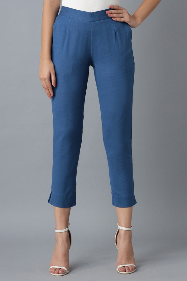 Blue Solid Straight Fit Cotton Trousers With Elasticated Waist