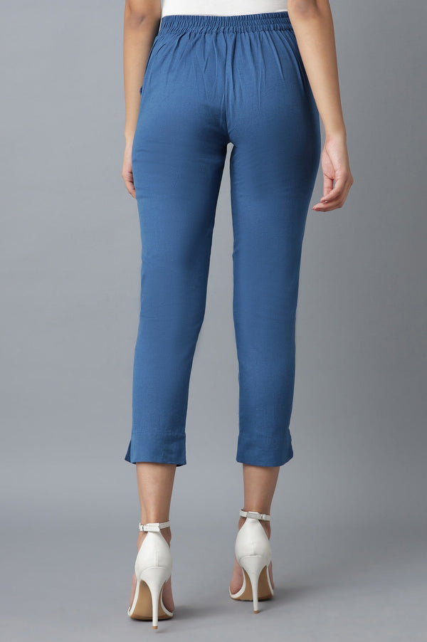 Elleven Women's Blue Solid Straight Fit Cotton Trousers With Elasticated Waist