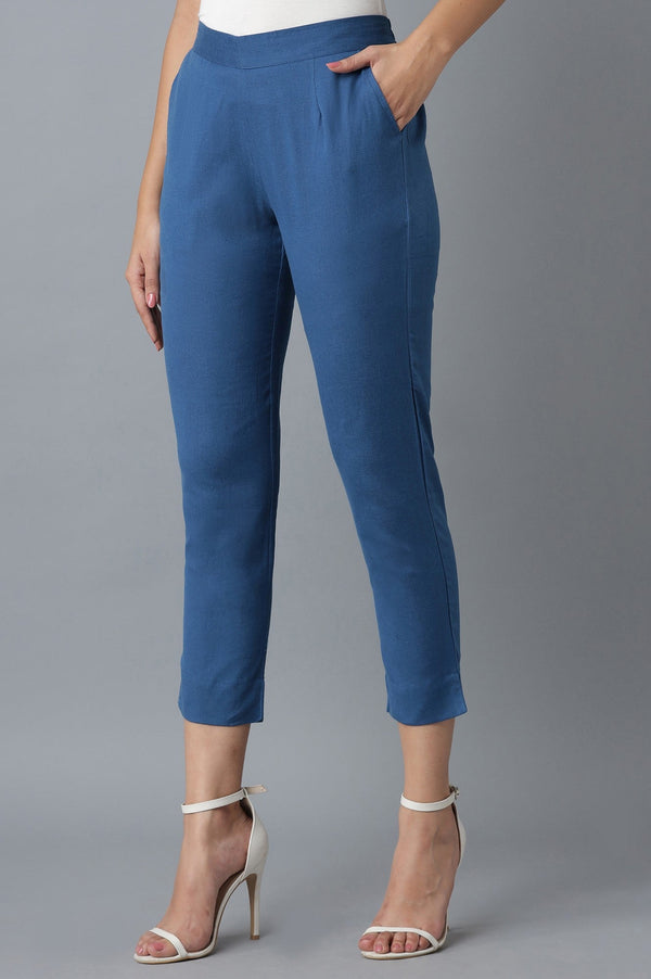 Elleven Women's Blue Solid Straight Fit Cotton Trousers With Elasticated Waist
