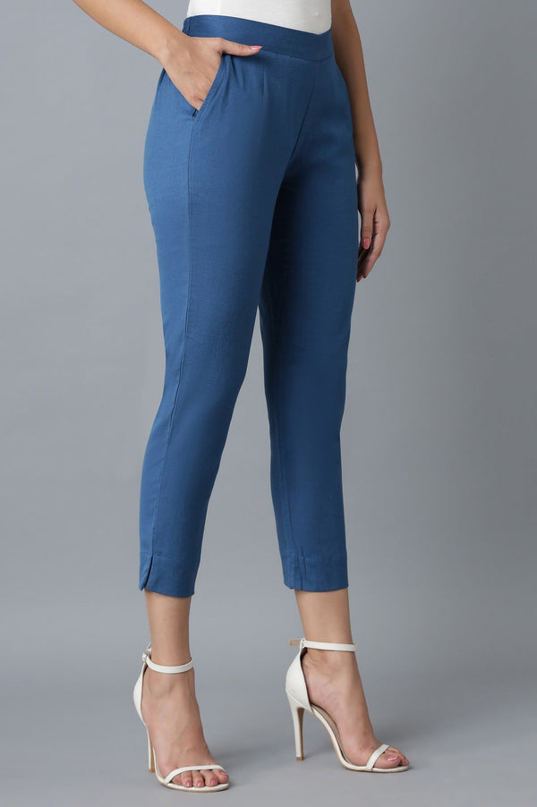 Elleven Women's Blue Solid Straight Fit Cotton Trousers With Elasticated Waist
