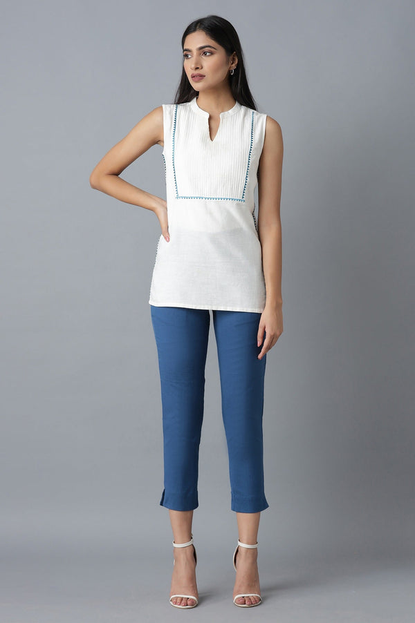 Elleven Women's Blue Solid Straight Fit Cotton Trousers With Elasticated Waist