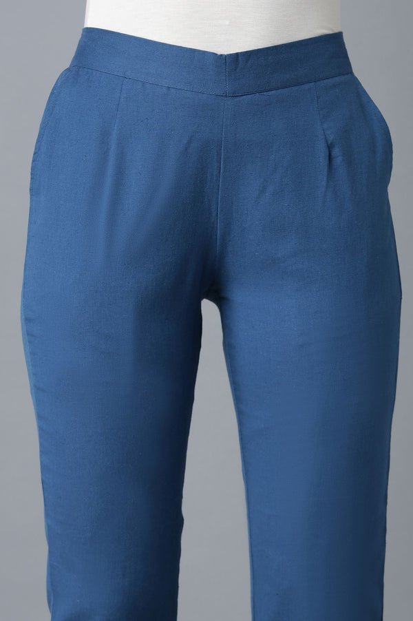 Elleven Women's Blue Solid Straight Fit Cotton Trousers With Elasticated Waist