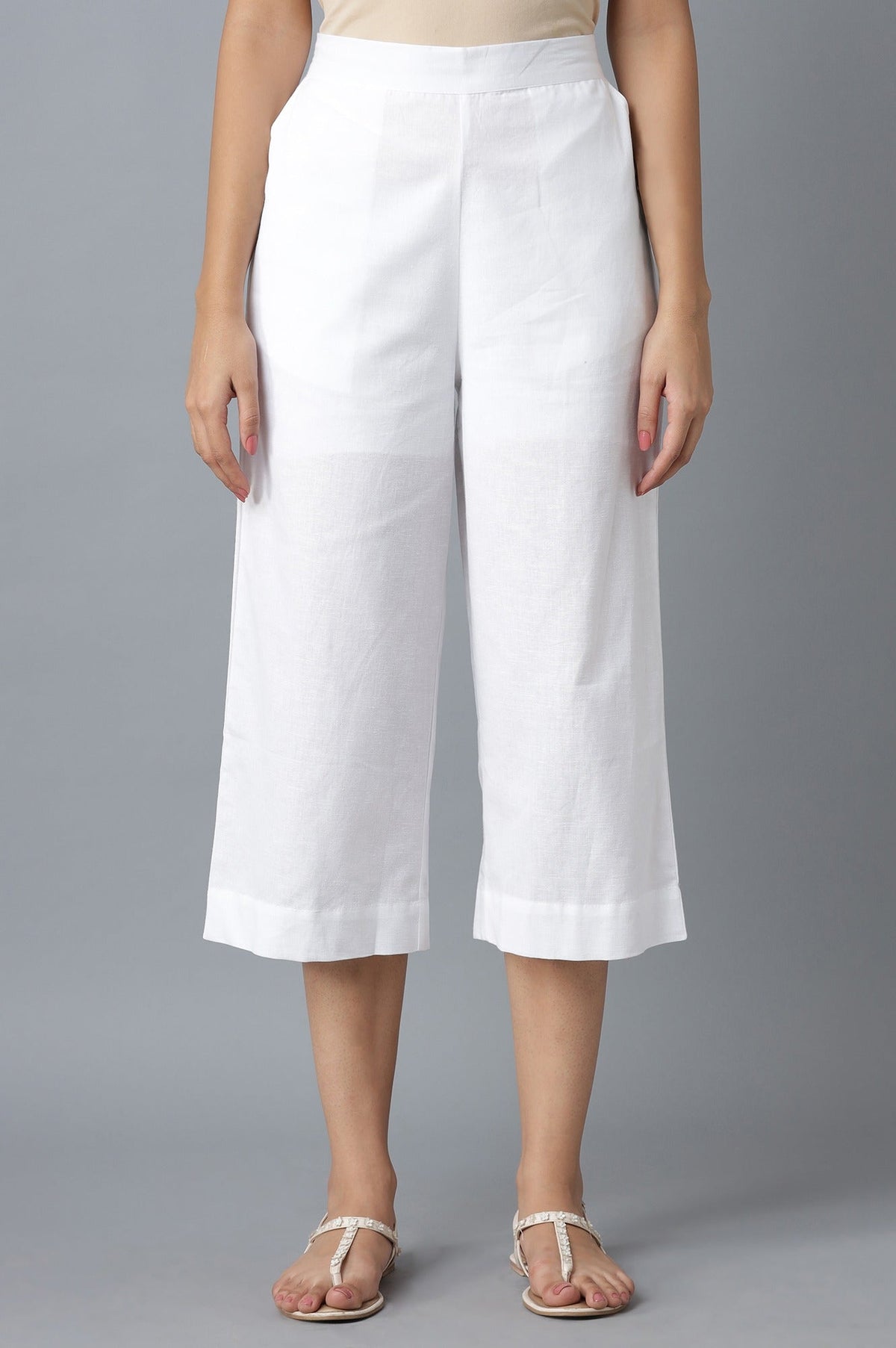 Elleven Women's White Solid Wide Leg Cotton Palazzo With Roll Up Hem - S