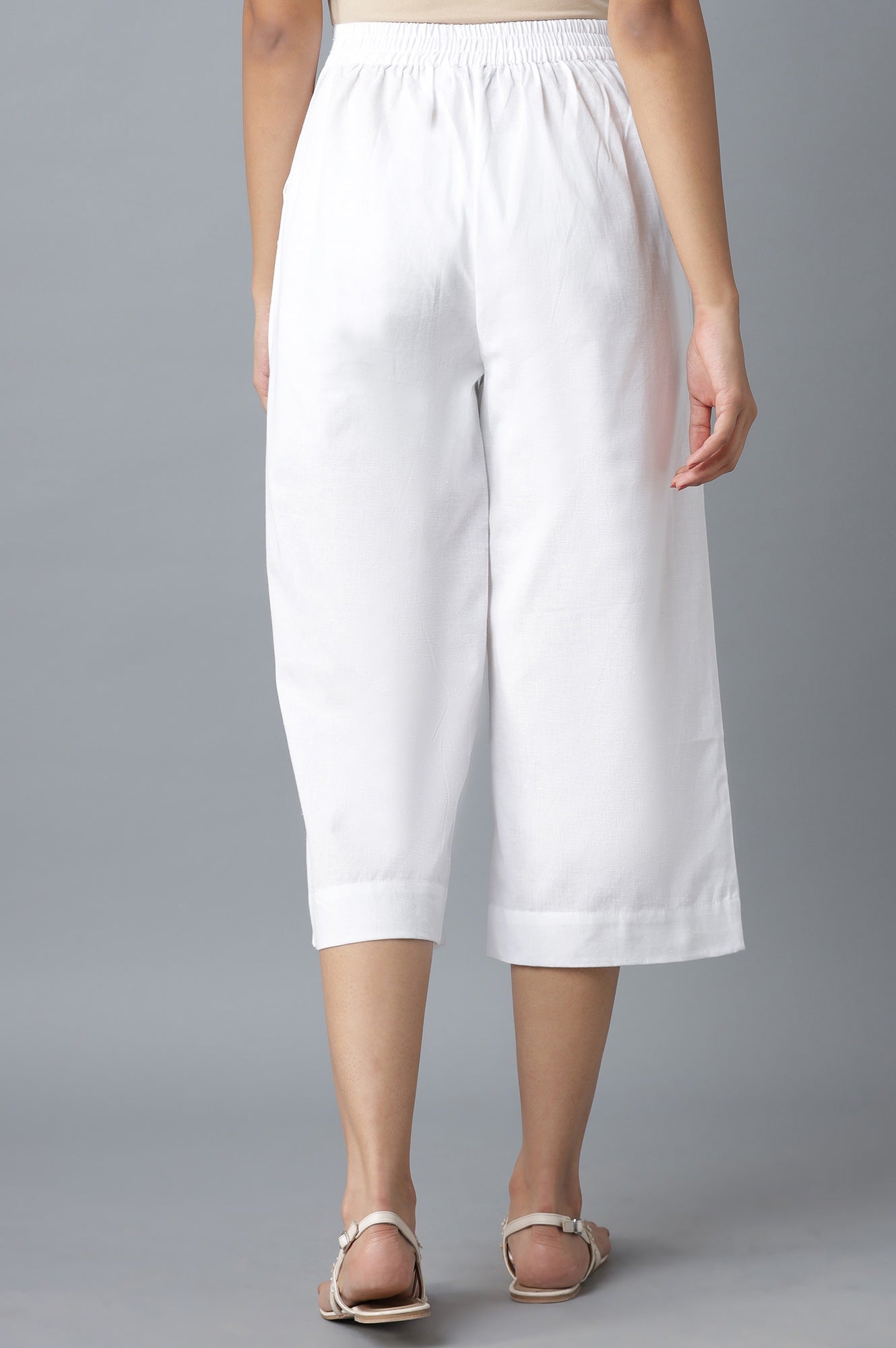 White Solid Wide Leg Cotton Palazzo With Roll Up Hem