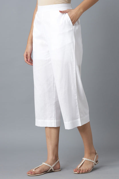 White Solid Wide Leg Cotton Palazzo With Roll Up Hem