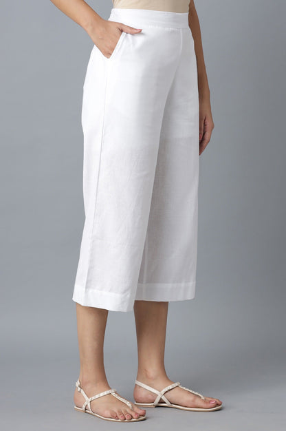 White Solid Wide Leg Cotton Palazzo With Roll Up Hem