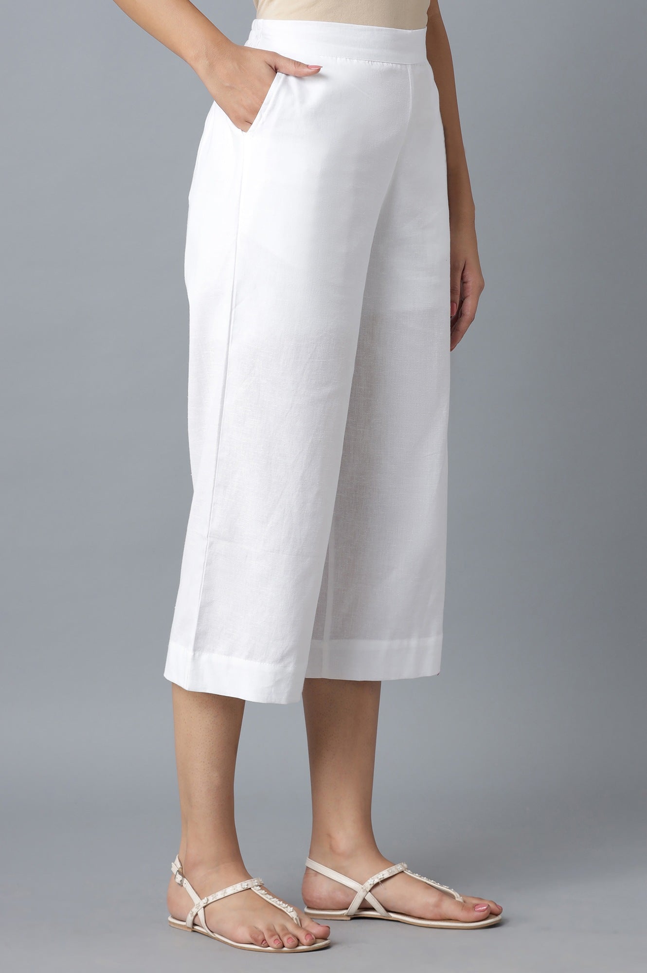 White Solid Wide Leg Cotton Palazzo With Elasticated Waist