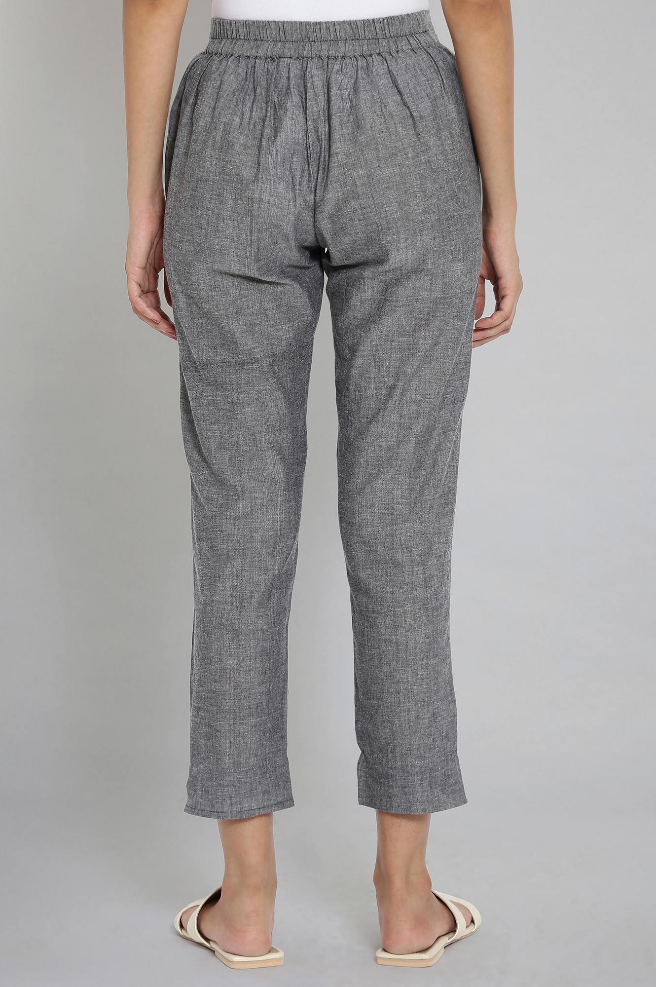 Grey Solid Straight Fit Cotton Trousers With Elasticated Waistband