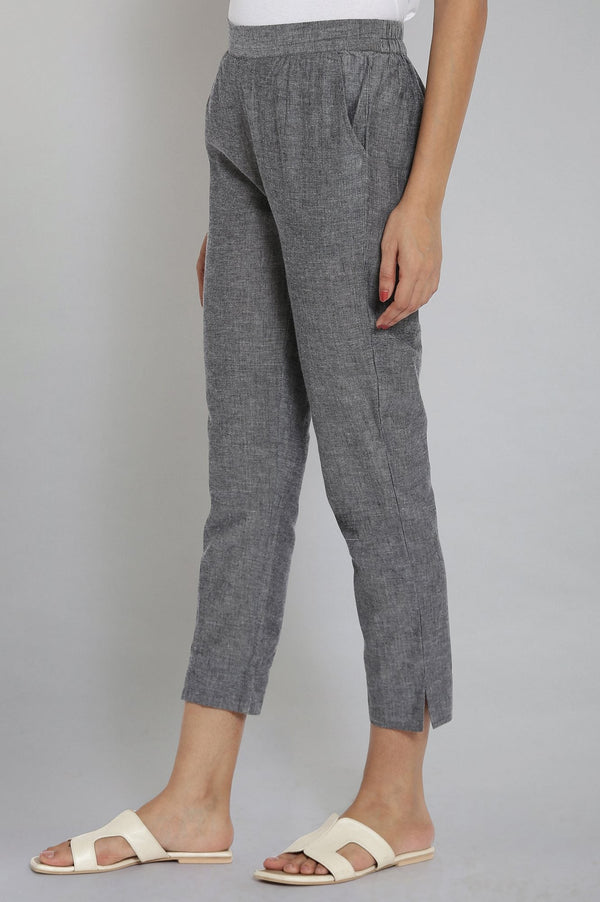 Elleven Women's Grey Solid Straight Fit Cotton Trousers With Elasticated Waistband