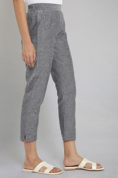 Grey Solid Straight Fit Cotton Trousers With Elasticated Waistband
