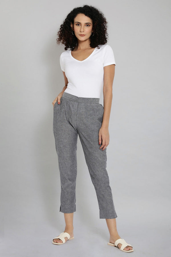 Elleven Women's Grey Solid Straight Fit Cotton Trousers With Elasticated Waistband