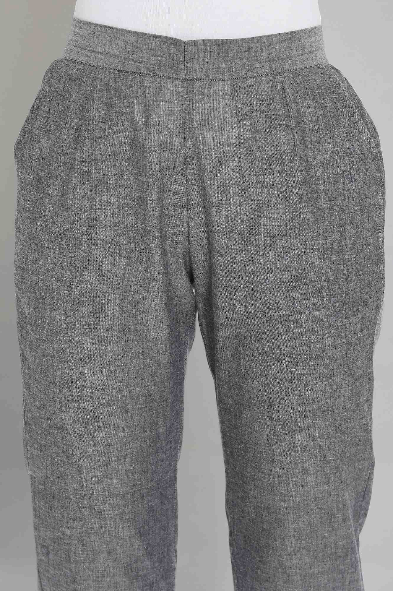 Grey Solid Straight Fit Cotton Trousers With Elasticated Waistband