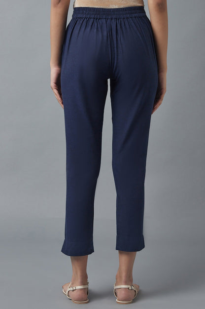 Navy Blue Solid Straight Fit Cotton Pants With Elasticated Waistband