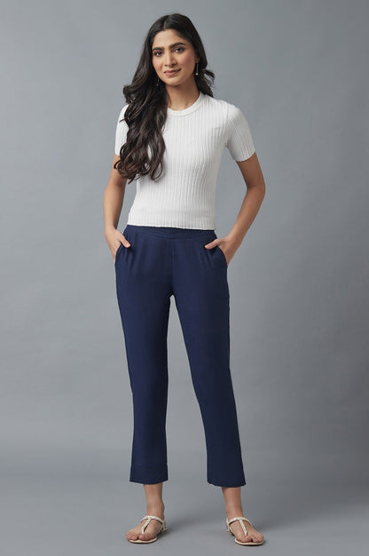 Navy Blue Solid Straight Fit Cotton Pants With Elasticated Waistband