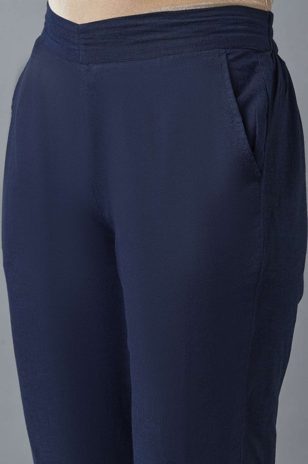 Navy Blue Solid Straight Fit Cotton Pants With Elasticated Waistband
