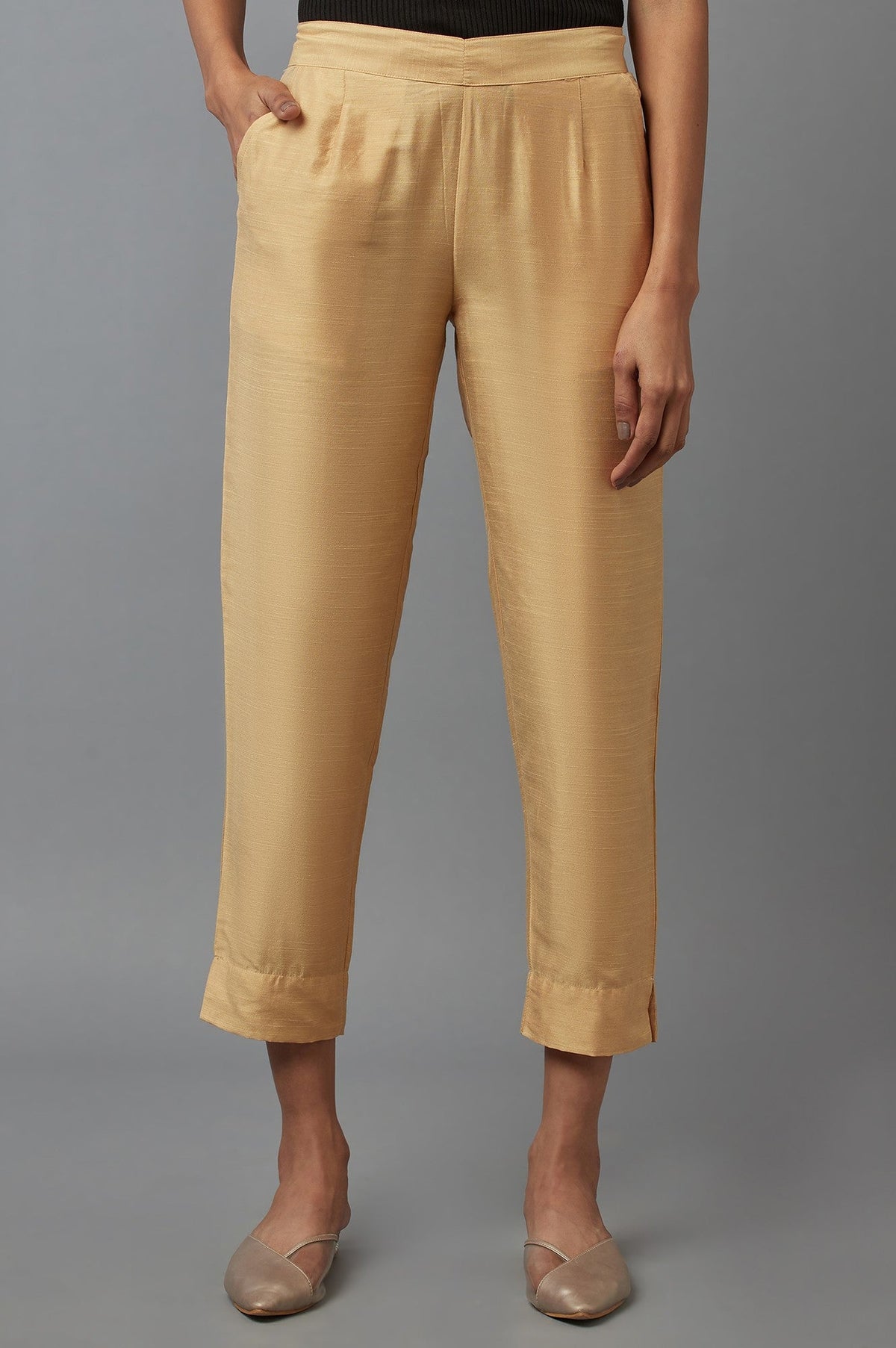 Elleven Women's Gold Solid Straight Fit Woven Trousers With Elasticated Waistband - S
