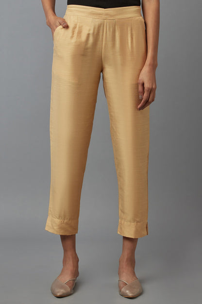 Gold Solid Straight Fit Woven Trousers With Elasticated Waistband