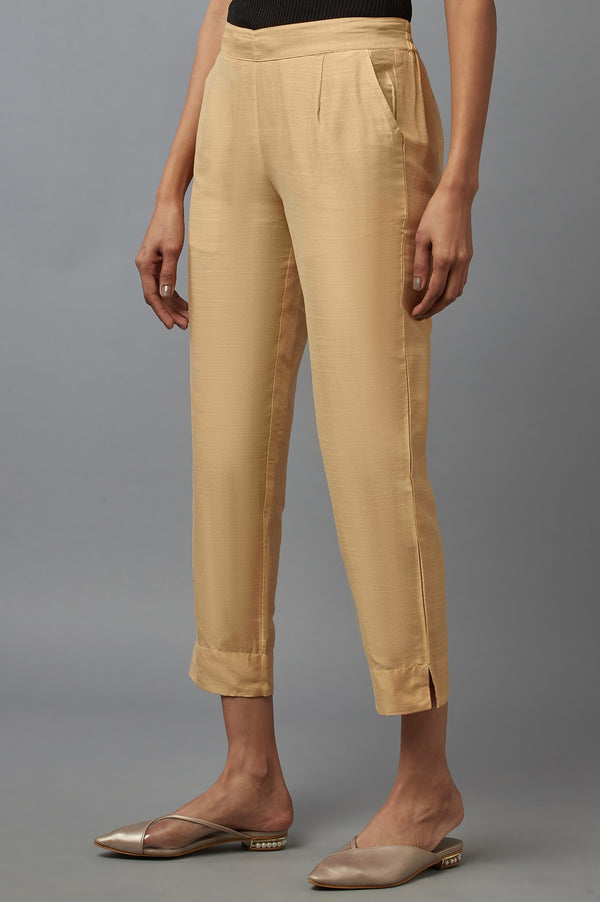 Elleven Women's Gold Solid Straight Fit Calf Length Mid Rise Trousers