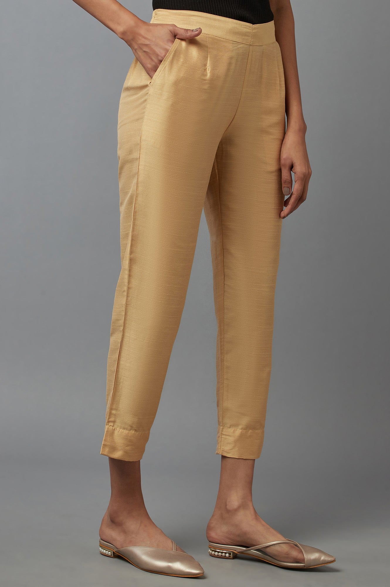 Gold Solid Straight Fit Woven Trousers With Elasticated Waistband