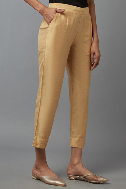 Gold Solid Straight Fit Woven Trousers With Elasticated Waistband
