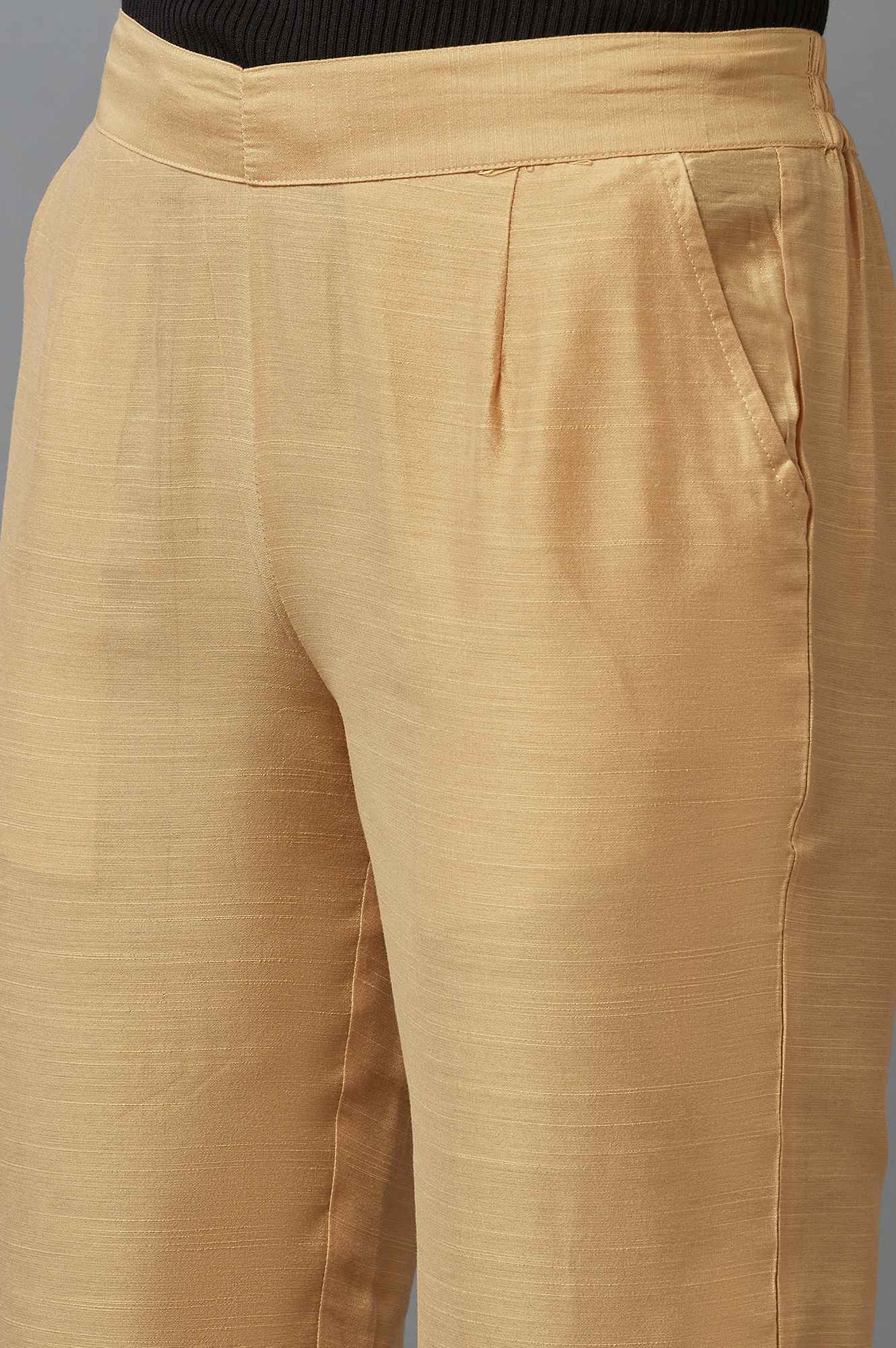 Gold Solid Straight Fit Woven Trousers With Elasticated Waistband