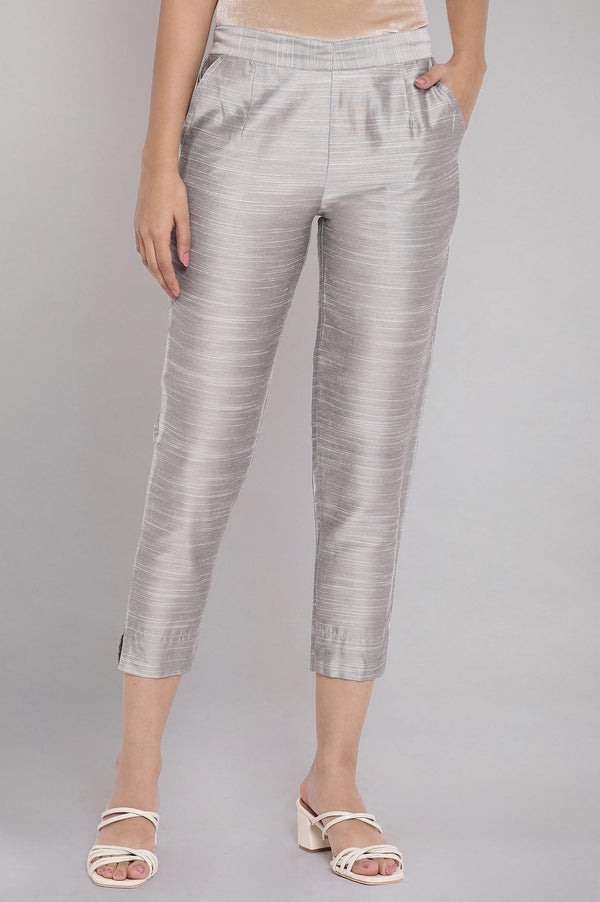 Grey Solid Straight Fit Woven Pants With Elasticated Waist