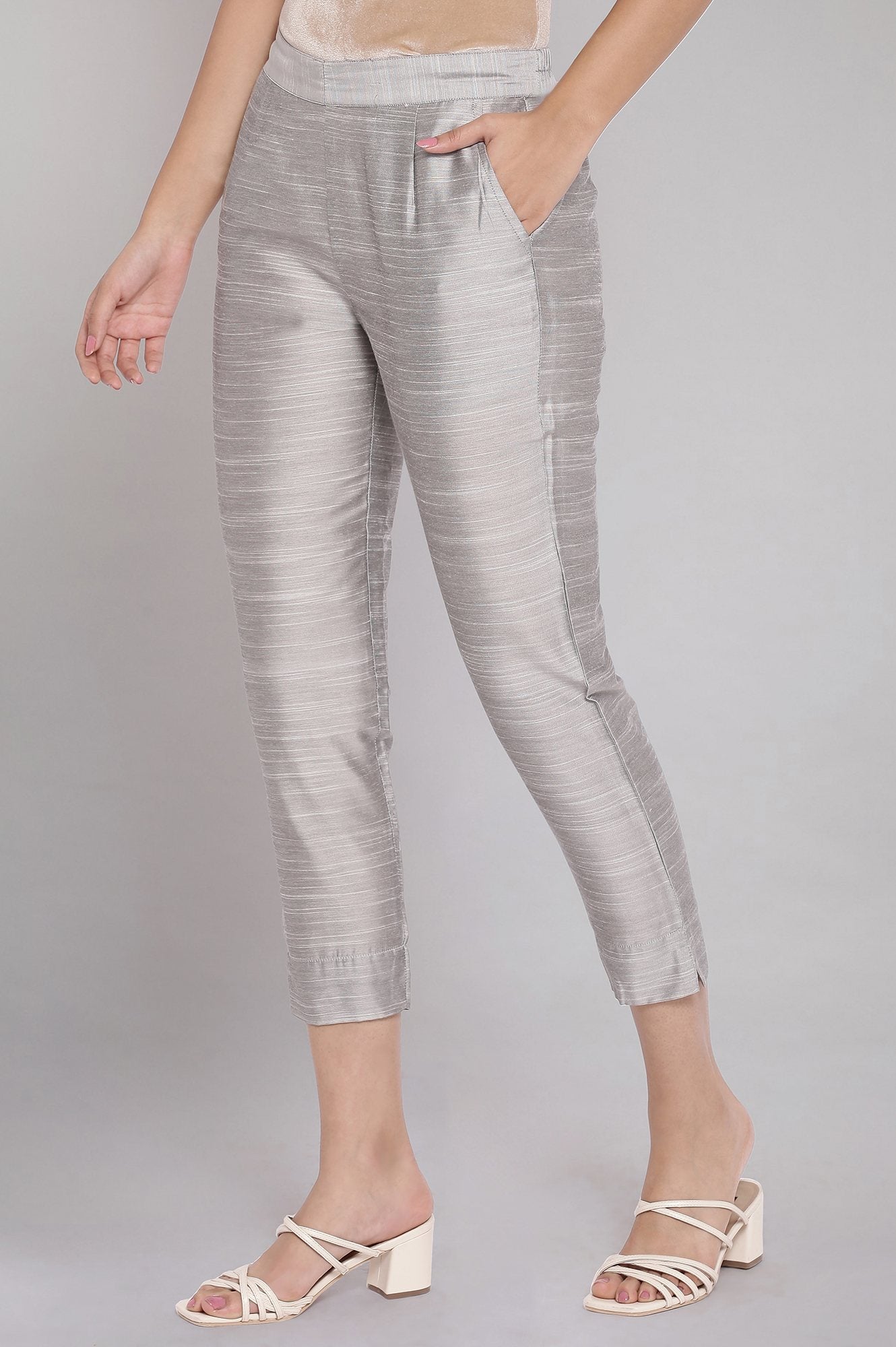 Grey Solid Straight Fit Woven Pants With Elasticated Waist