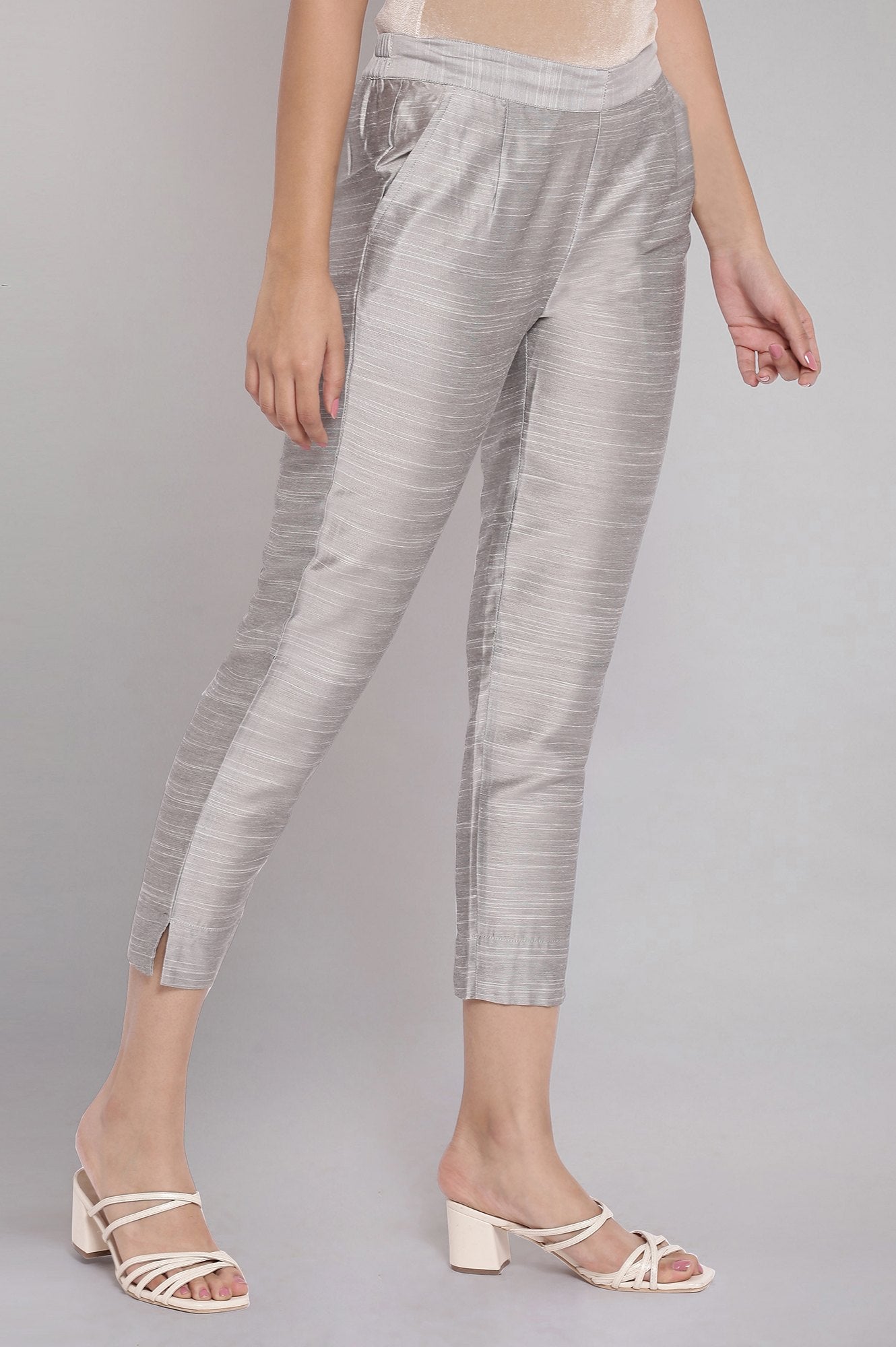 Grey Solid Straight Fit Woven Pants With Elasticated Waist