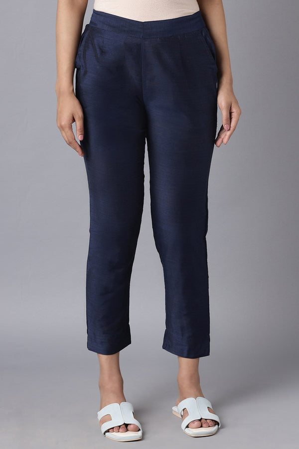 Elleven Women's Navy Blue Solid Straight Fit Woven Trousers With Elasticated Waistband