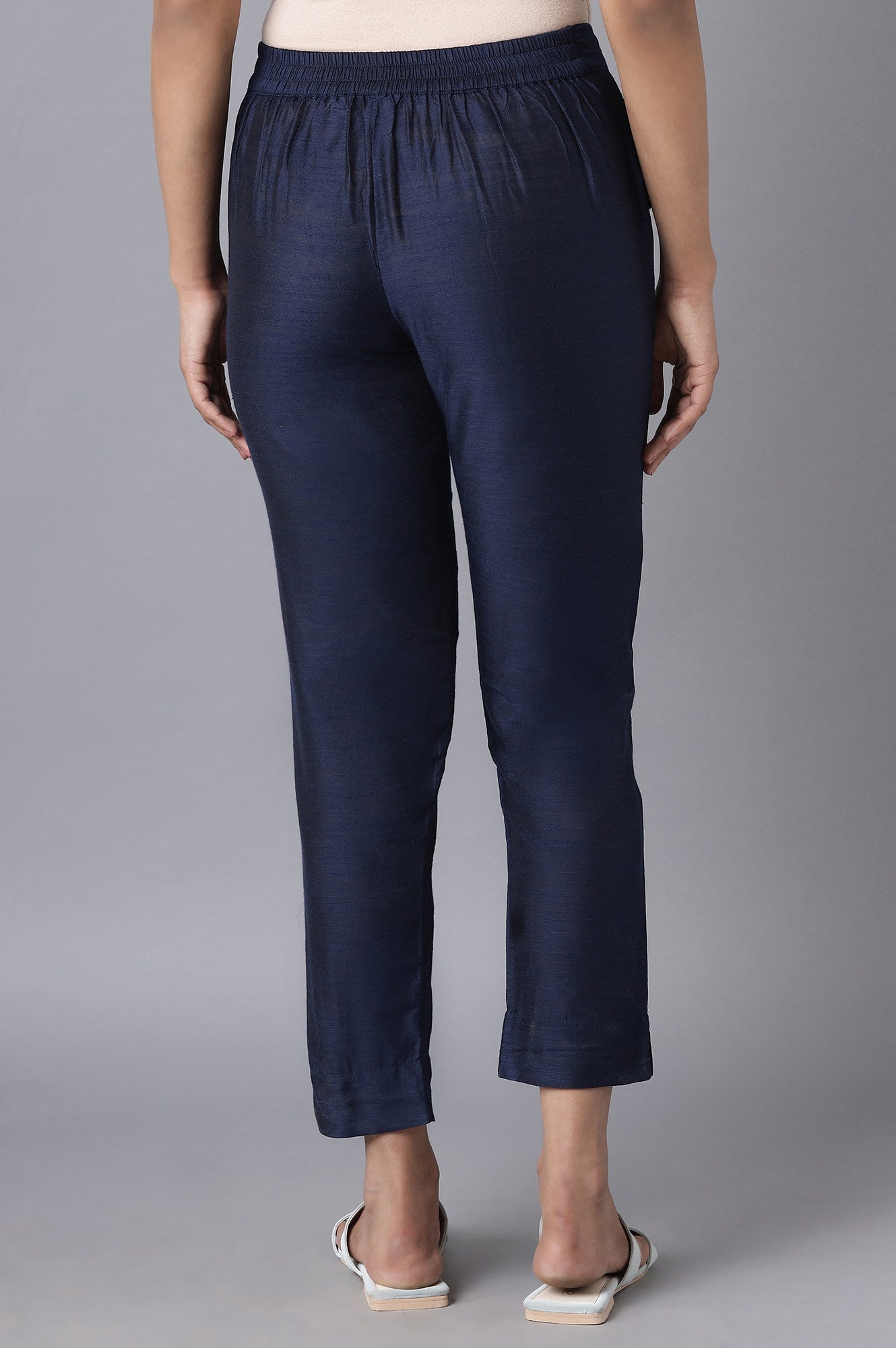 Navy Blue Solid Straight Fit Woven Trousers With Elasticated Waistband