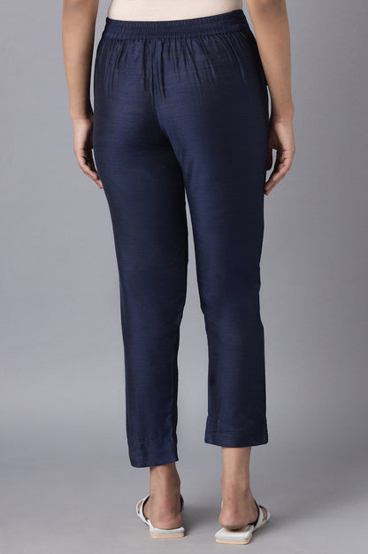 Navy Blue Solid Straight Fit Woven Trousers With Elasticated Waistband