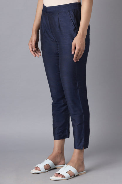 Navy Blue Solid Straight Fit Woven Trousers With Elasticated Waistband