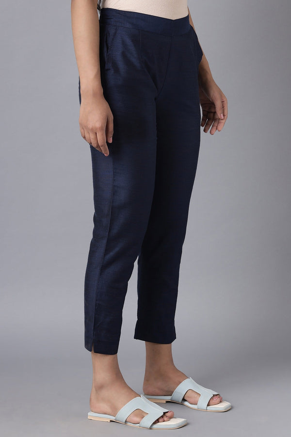 Elleven Women's Navy Blue Solid Straight Fit Woven Trousers With Elasticated Waistband