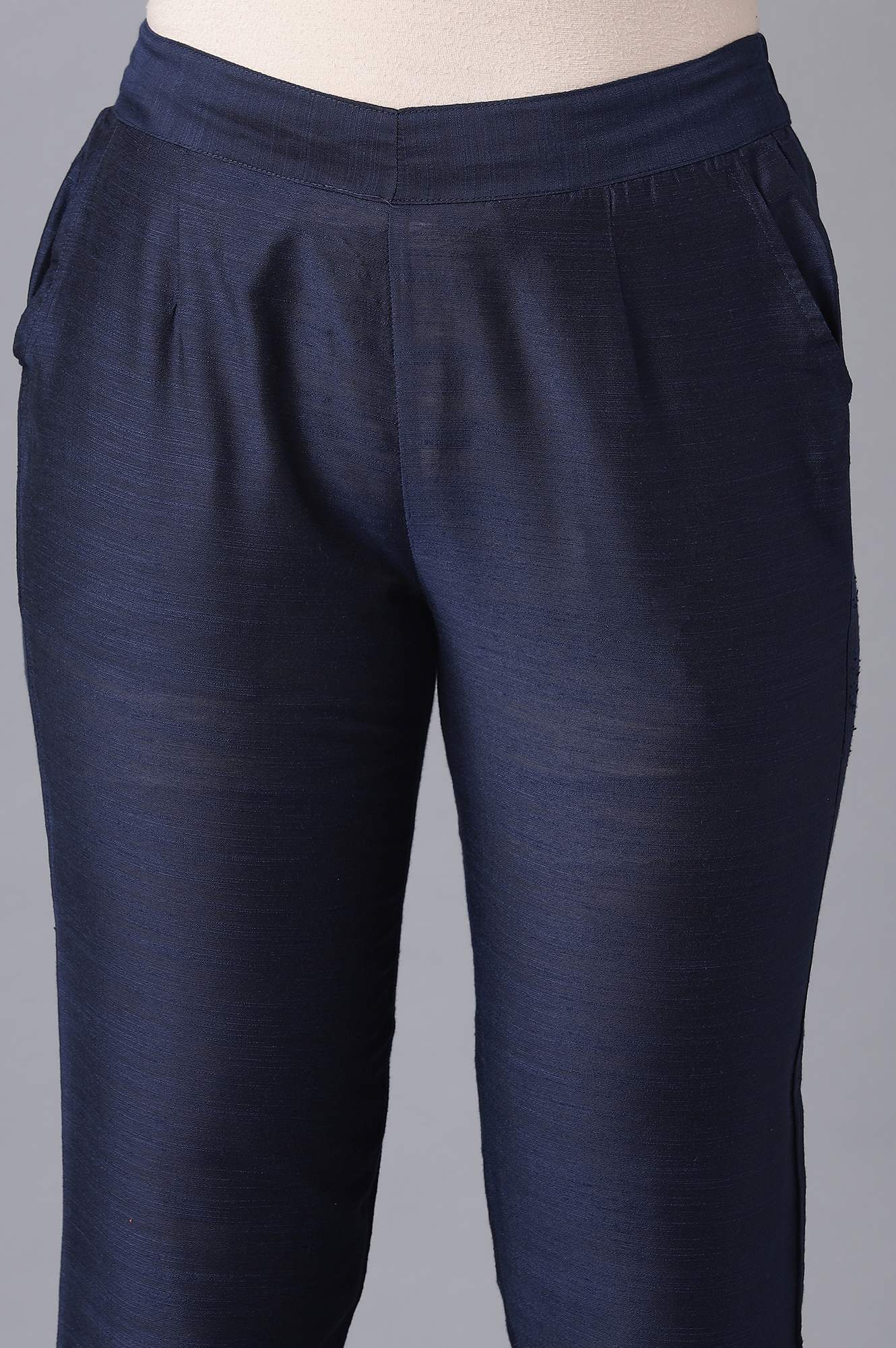 Navy Blue Solid Straight Fit Woven Trousers With Elasticated Waistband