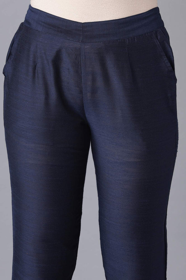 Elleven Women's Navy Blue Solid Straight Fit Woven Trousers With Elasticated Waistband