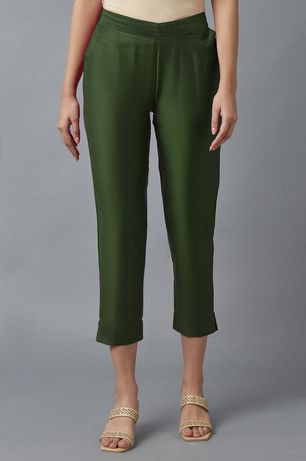 Muted Sage Green Solid Straight Fit Woven Trousers With Elasticated Waistband