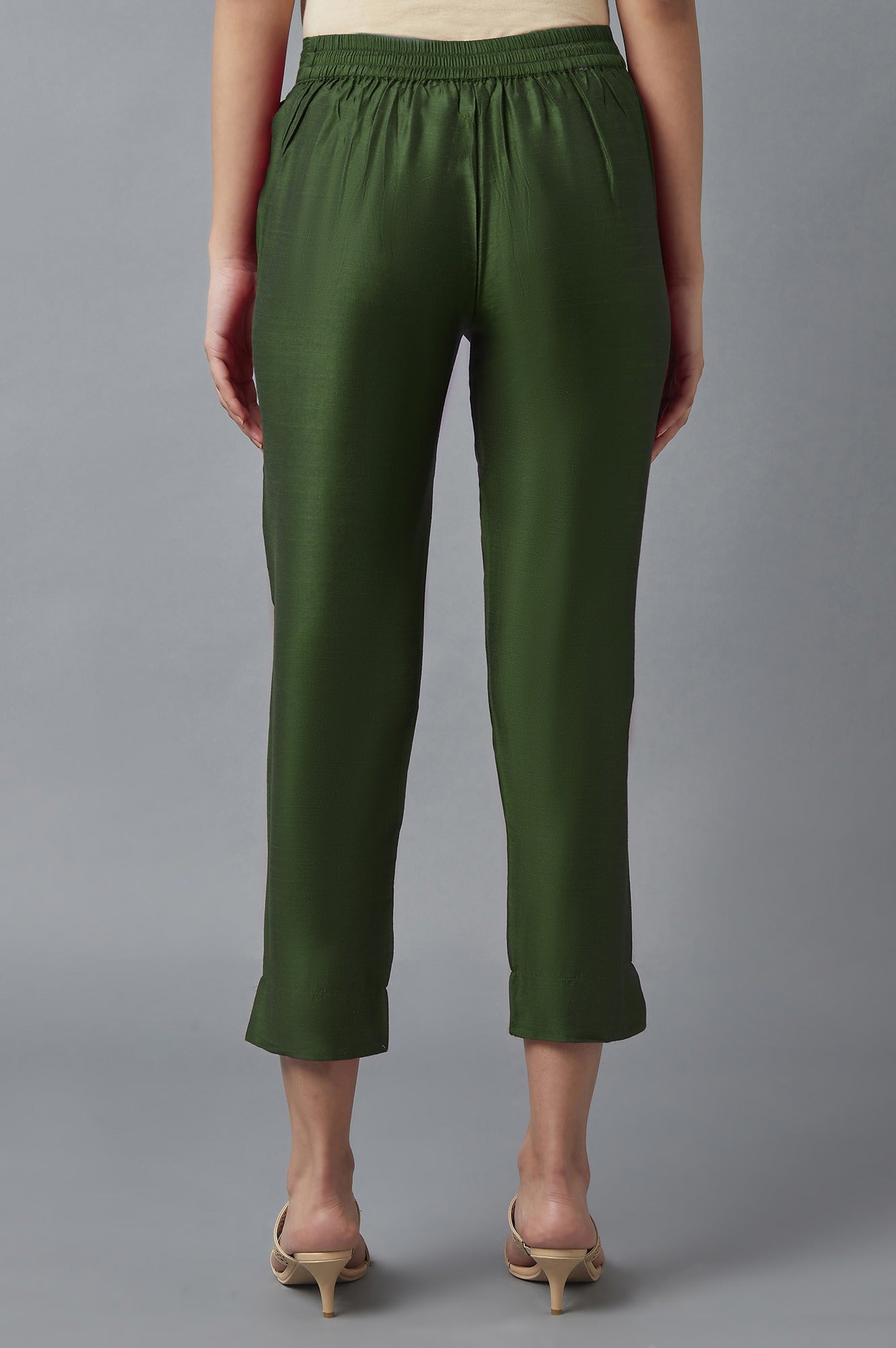 Muted Sage Green Solid Straight Fit Woven Trousers With Elasticated Waistband