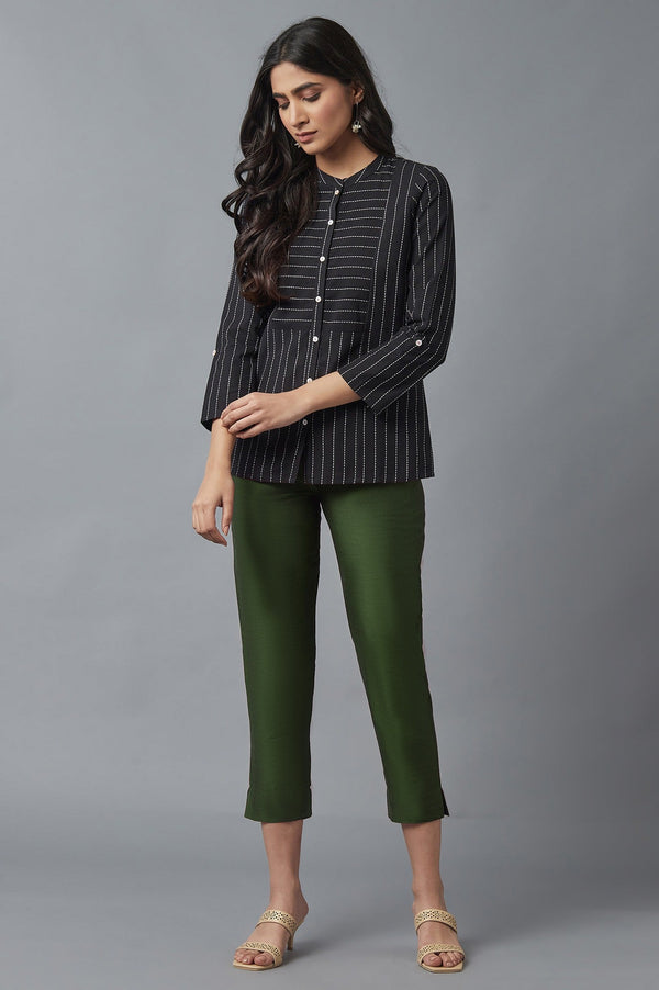 Muted Sage Green Solid Straight Fit Woven Trousers With Elasticated Waistband