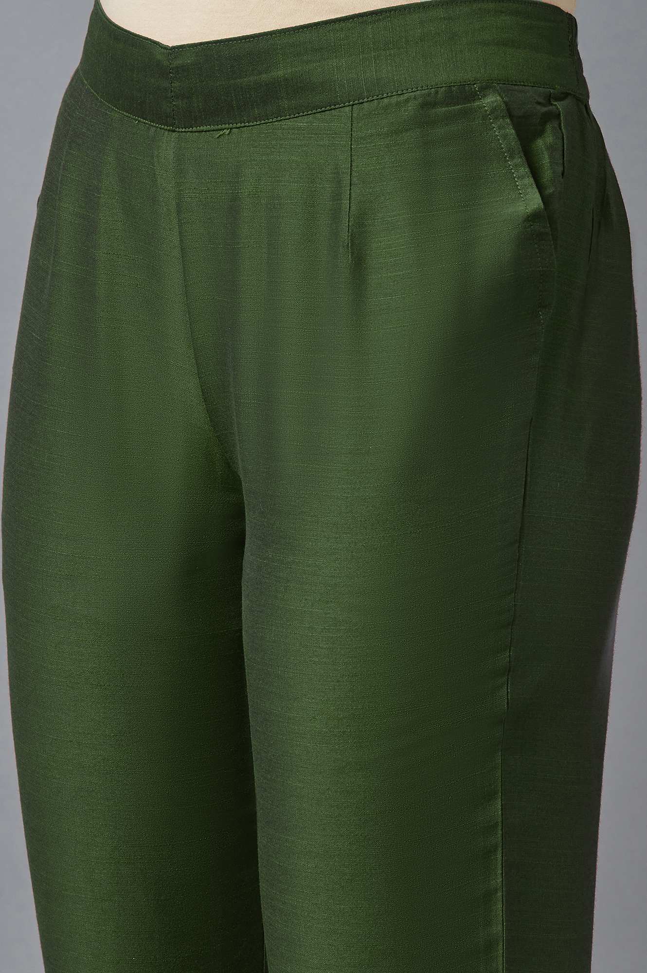 Muted Sage Green Solid Straight Fit Woven Trousers With Elasticated Waistband