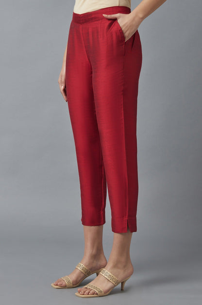 Red Solid Straight Fit Woven Trousers With Elasticated Waist