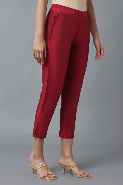 Red Solid Straight Fit Woven Trousers With Elasticated Waist