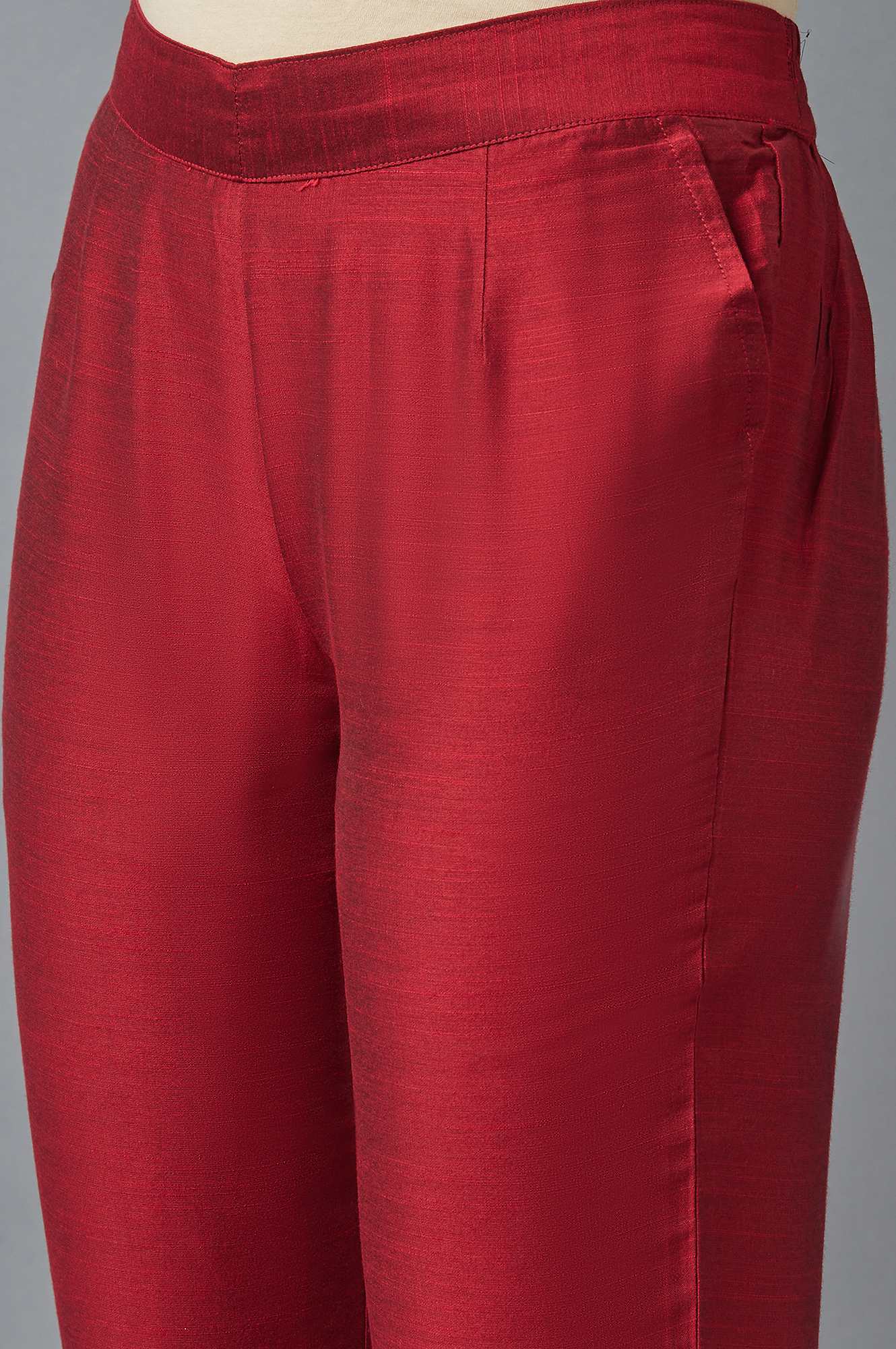 Red Solid Straight Fit Woven Trousers With Elasticated Waist