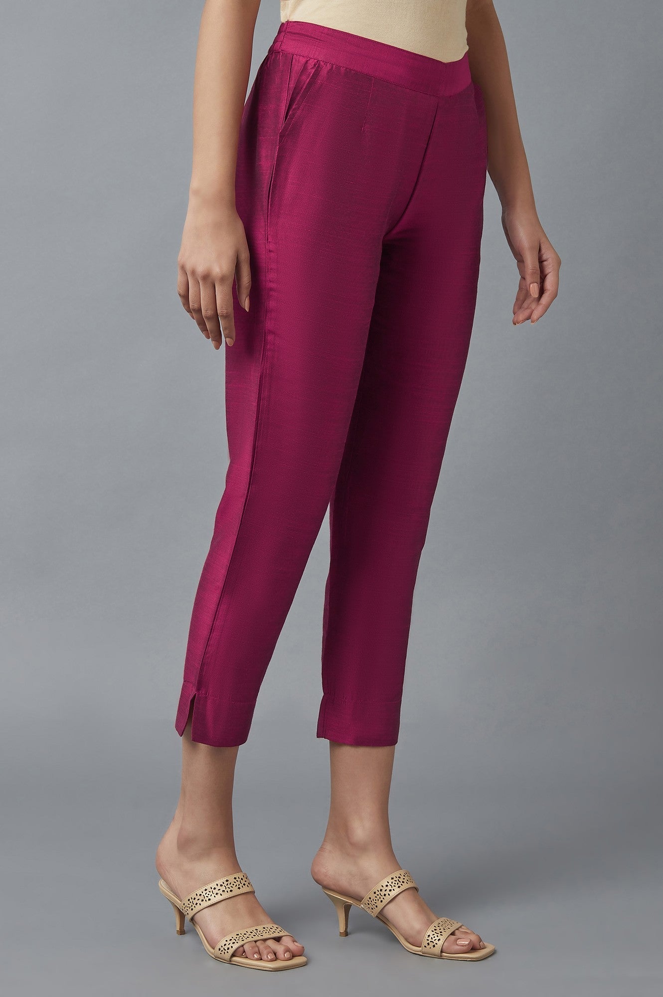 Pink Solid Straight Fit Woven Trousers With Elasticated Waistband