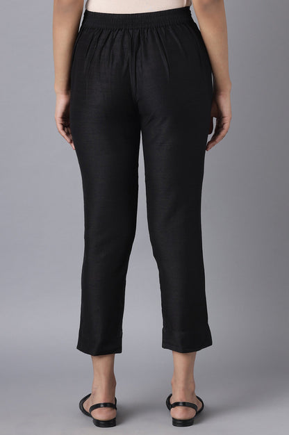 Black Solid Straight Fit Trousers With Elasticated Waist