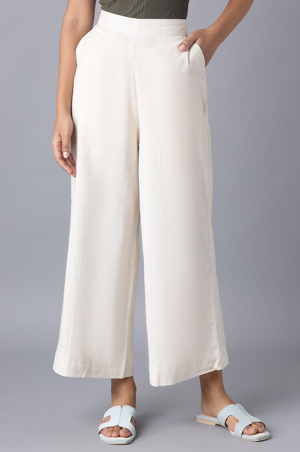 Elleven Women's Off White Solid Wide Leg Tencel Palazzo With Elasticated Waist - M